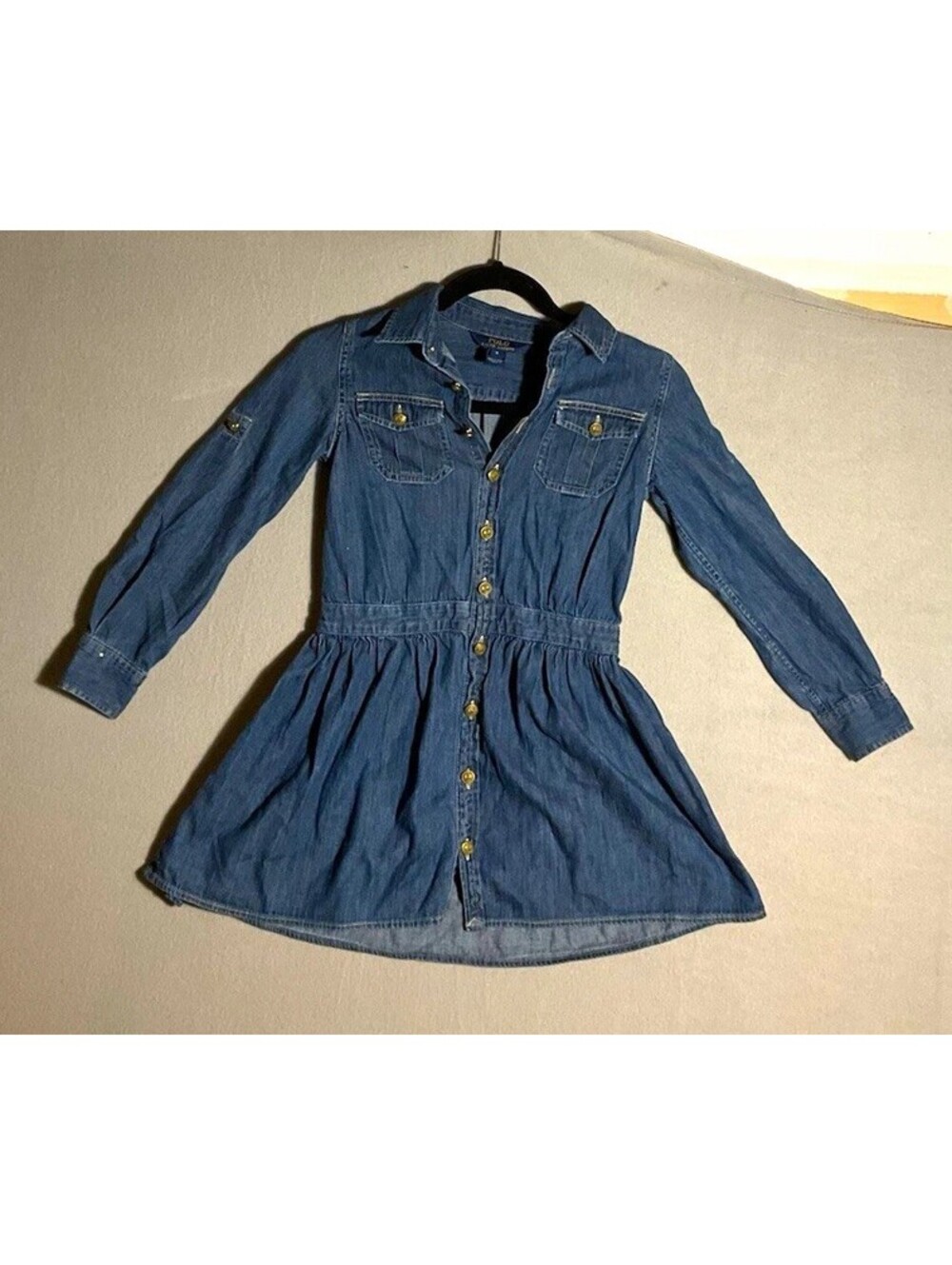Polo Ralph Lauren Girls Blue Denim Shirt Dress Long Sleeve Buttons Pockets 8